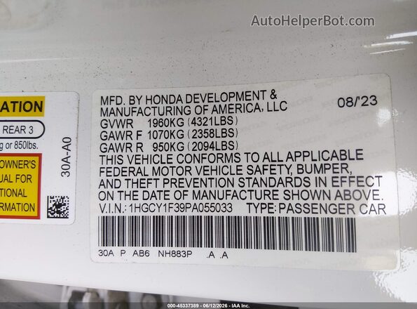 1HGCY1F39PA055033 2023 HONDA ACCORD Белый Вид подкапотного пространства
