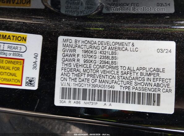 1HGCY1F39RA051549 2024 HONDA ACCORD Black Engine compartment view