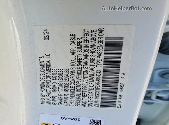 1HGCY1F3XRA044643 2024 HONDA ACCORD White Vista de la etiqueta del VIN