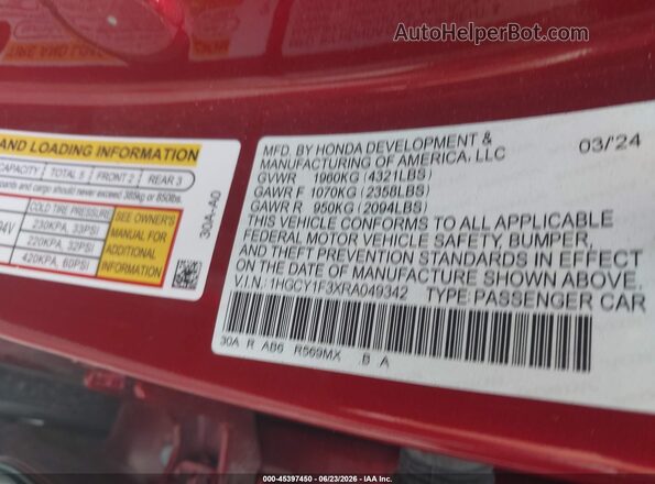 1HGCY1F3XRA049342 2024 HONDA ACCORD Burgundy Widok komory silnika