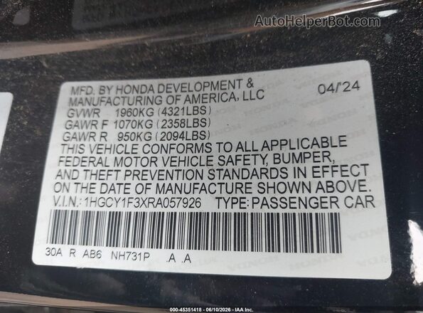 1HGCY1F3XRA057926 2024 HONDA ACCORD Черный Вид подкапотного пространства