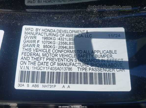 1HGCY1F40SA013786 2025 HONDA ACCORD Black Շարժիչի բաժամունքի տեսք