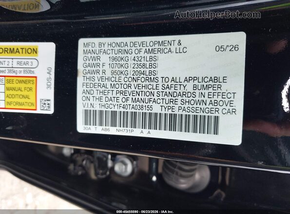 1HGCY1F40TA038155 2026 HONDA ACCORD Black Widok komory silnika