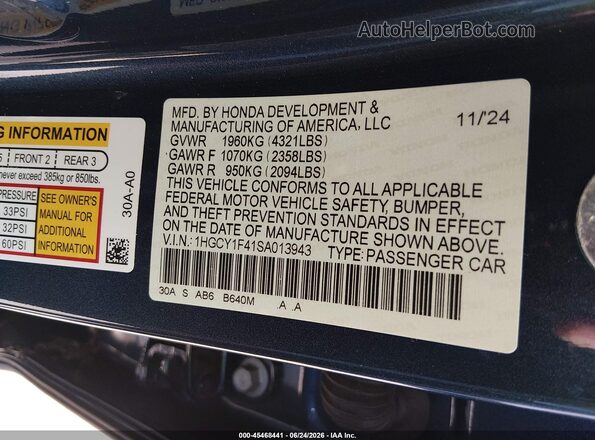 1HGCY1F41SA013943 2025 HONDA ACCORD Blue Widok komory silnika