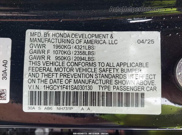 1HGCY1F41SA030130 2025 HONDA ACCORD Black Շարժիչի բաժամունքի տեսք
