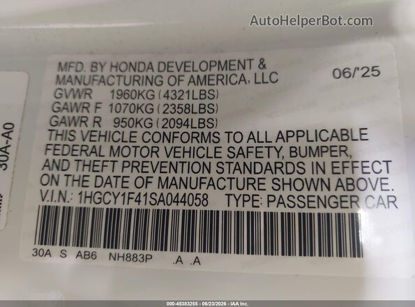 1HGCY1F41SA044058 2025 HONDA ACCORD Белый Вид подкапотного пространства
