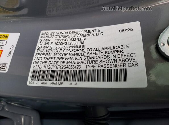 1HGCY1F42SA058423 2025 HONDA ACCORD Gray Вид підкапотного простору