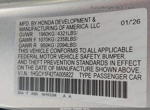 1HGCY1F42TA005822 2026 HONDA ACCORD Silver ძრავის განყოფილების ხედი