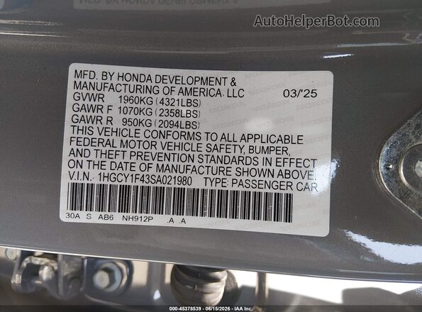 1HGCY1F43SA021980 2025 HONDA ACCORD Gray Widok komory silnika