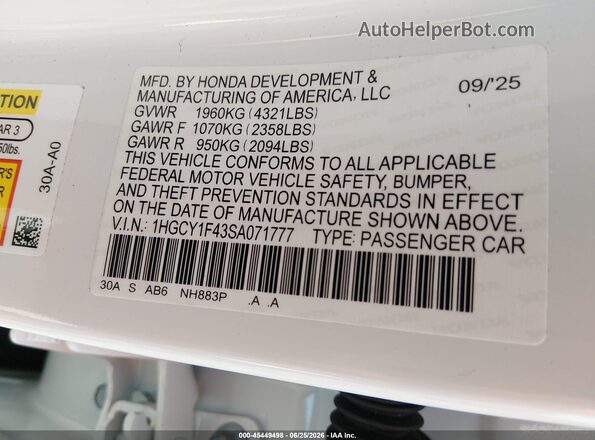1HGCY1F43SA071777 2025 HONDA ACCORD White Vista del compartimento del motor