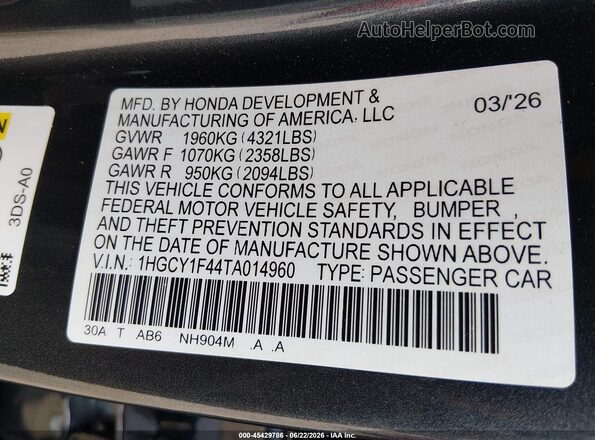 1HGCY1F44TA014960 2026 HONDA ACCORD Синий Вид подкапотного пространства