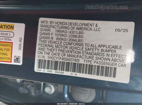 1HGCY1F45SA037405 2025 HONDA ACCORD Синий Вид подкапотного пространства