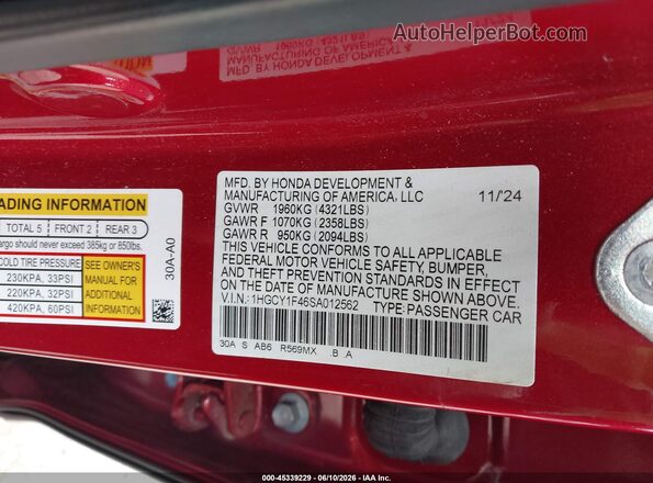 1HGCY1F46SA012562 2025 HONDA ACCORD Red Շարժիչի բաժամունքի տեսք