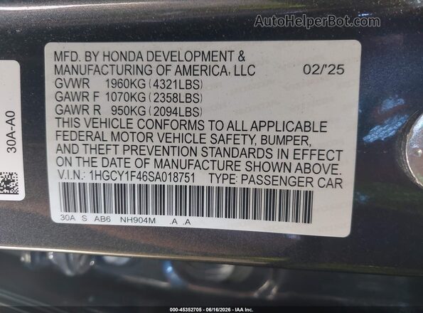 1HGCY1F46SA018751 2025 HONDA ACCORD Gray Вид підкапотного простору