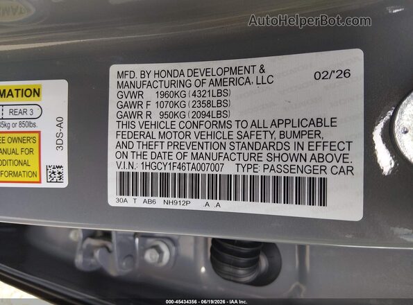 1HGCY1F46TA007007 2026 HONDA ACCORD Серый Вид подкапотного пространства