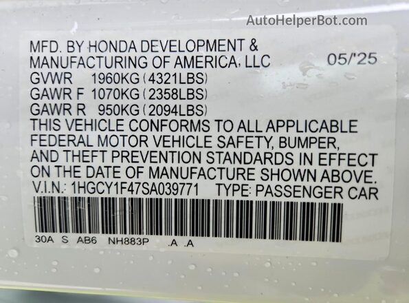 1HGCY1F47SA039771 2025 HONDA ACCORD Белый Вид наклейки с VIN-кодом