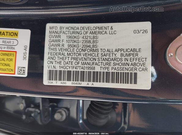 1HGCY1F47TA019568 2026 HONDA ACCORD Синий Вид подкапотного пространства