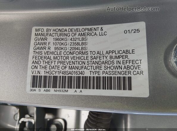 1HGCY1F48SA016340 2025 HONDA ACCORD Серый Вид подкапотного пространства