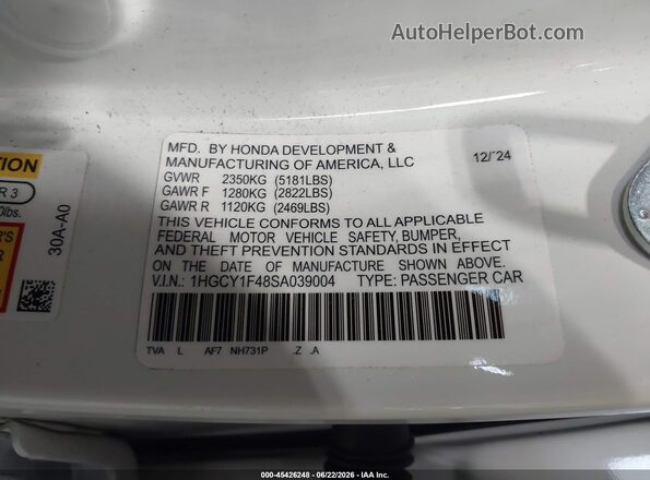1HGCY1F48SA039004 2025 HONDA ACCORD White Vista del compartimento del motor