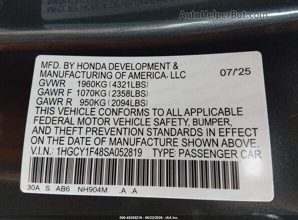 1HGCY1F48SA052819 2025 HONDA ACCORD Gray Widok komory silnika