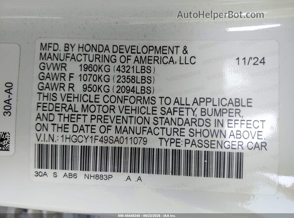 1HGCY1F49SA011079 2025 HONDA ACCORD White Engine compartment view