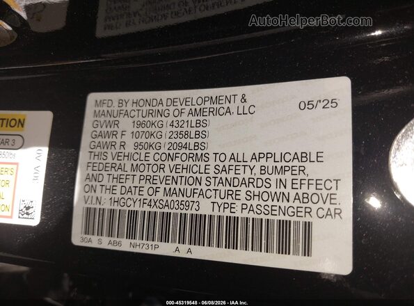 1HGCY1F4XSA035973 2025 HONDA ACCORD Black Вид підкапотного простору