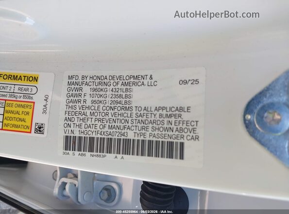 1HGCY1F4XSA072943 2025 HONDA ACCORD Белый Вид подкапотного пространства