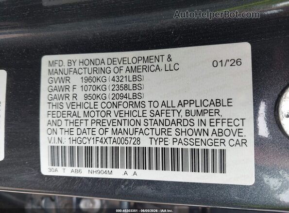 1HGCY1F4XTA005728 2026 HONDA ACCORD Blue Vista del compartimento del motor