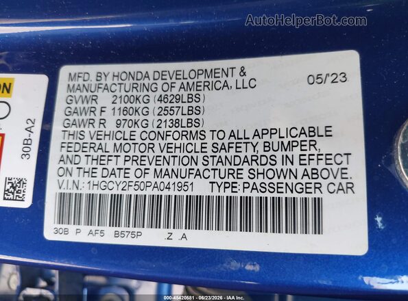 1HGCY2F50PA041951 2023 HONDA ACCORD Blue Engine compartment view