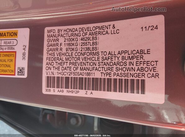 1HGCY2F50SA018811 2025 HONDA ACCORD Gray Engine compartment view