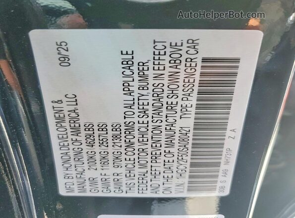 1HGCY2F50SA080421 2025 HONDA ACCORD Черный Вид наклейки с VIN-кодом