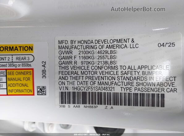 1HGCY2F51SA048321 2025 HONDA ACCORD HYBRID White Շարժիչի բաժամունքի տեսք