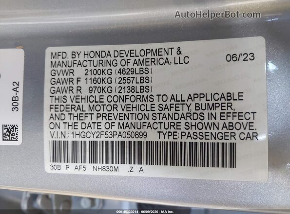 1HGCY2F53PA050899 2023 HONDA ACCORD Gray Engine compartment view