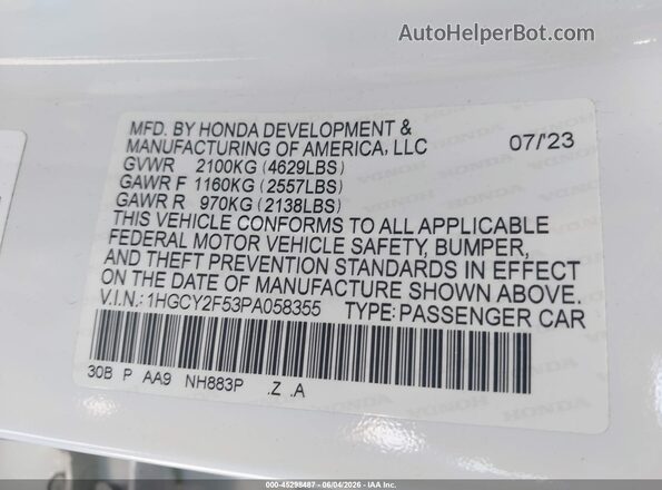 1HGCY2F53PA058355 2023 HONDA ACCORD White Vista del compartimento del motor