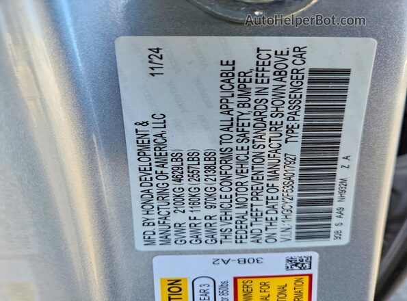 1HGCY2F53SA017927 2025 HONDA ACCORD Silver Vista de la etiqueta del VIN