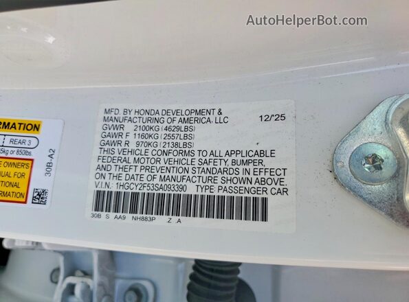 1HGCY2F53SA093390 2025 HONDA ACCORD White 