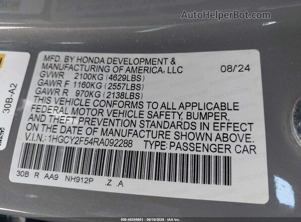 1HGCY2F54RA092288 2024 HONDA ACCORD Silver Engine compartment view