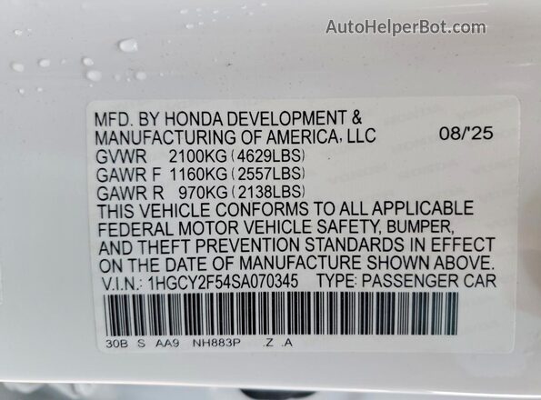 1HGCY2F54SA070345 2025 HONDA ACCORD Белый Вид наклейки с VIN-кодом