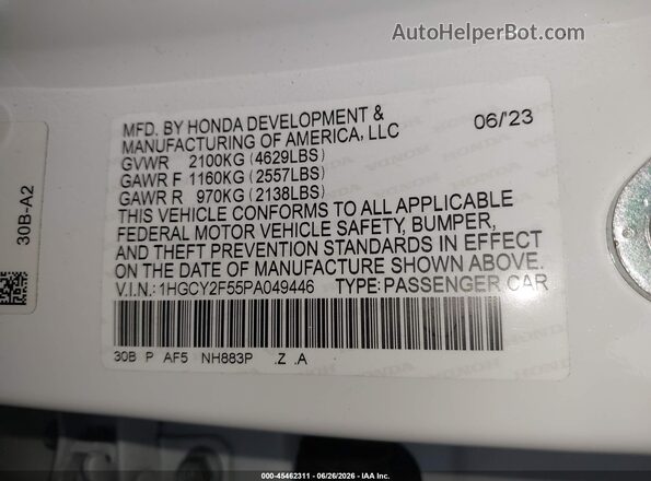 1HGCY2F55PA049446 2023 HONDA ACCORD White Vista del compartimento del motor
