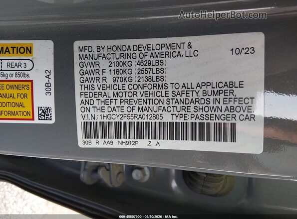 1HGCY2F55RA012805 2024 HONDA ACCORD Gray Вид підкапотного простору