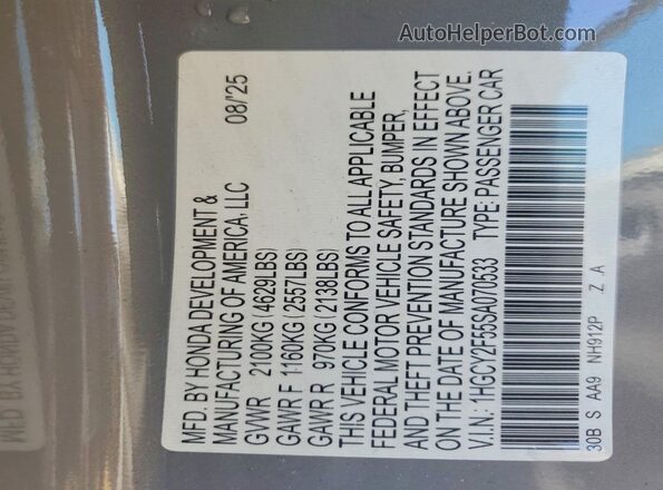 1HGCY2F55SA070533 2025 HONDA ACCORD Gray Вид підкапотного простору