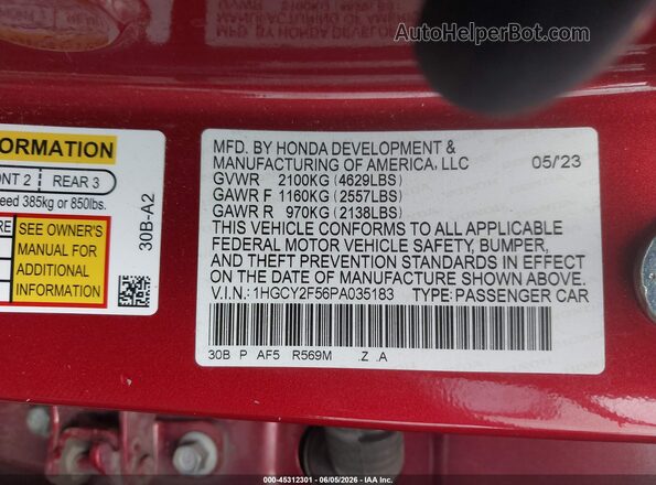 1HGCY2F56PA035183 2023 HONDA ACCORD Red Widok komory silnika