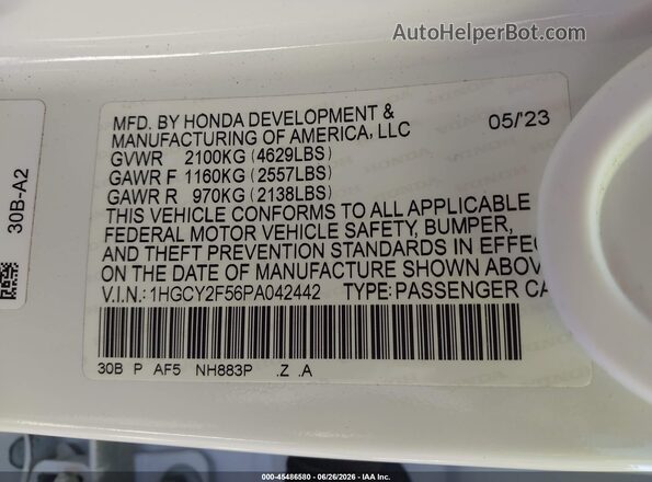 1HGCY2F56PA042442 2023 HONDA ACCORD White Engine compartment view
