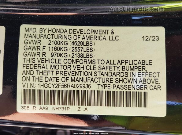 1HGCY2F56RA029936 2024 HONDA ACCORD Black Widok komory silnika