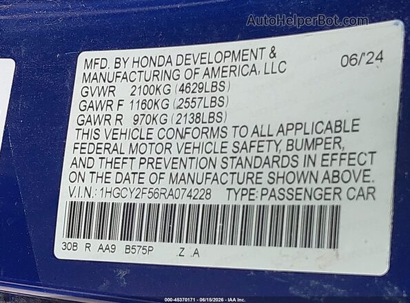 1HGCY2F56RA074228 2024 HONDA ACCORD Blue ძრავის განყოფილების ხედი
