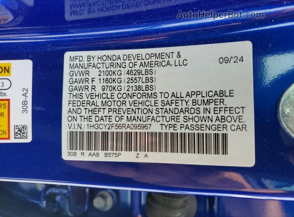 1HGCY2F56RA095967 2024 HONDA ACCORD Blue Engine compartment view