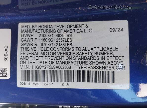 1HGCY2F56SA002368 2025 HONDA ACCORD Blue Widok komory silnika