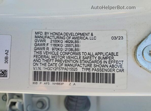 1HGCY2F57PA015525 2023 HONDA ACCORD White VIN კოდის სტიკერის ხედი