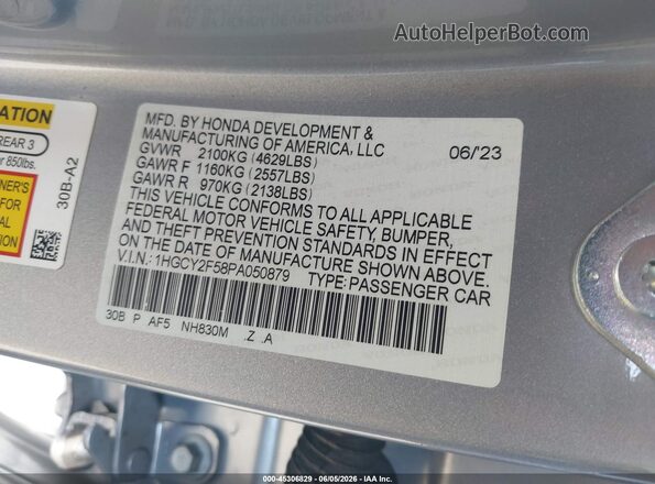 1HGCY2F58PA050879 2023 HONDA ACCORD Silver Շարժիչի բաժամունքի տեսք