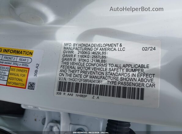 1HGCY2F58RA041361 2024 HONDA ACCORD White Շարժիչի բաժամունքի տեսք